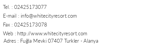 White City Resort & Spa telefon numaralar, faks, e-mail, posta adresi ve iletiim bilgileri
